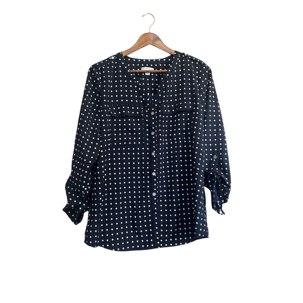 Croft & Barrow Womens Top Blouse‎ Shirt Roll Tab Sleeve Black White Diamonds M